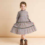 Girls' Long Sleeves Tiered Skirt Dress with Velvet Trim | Blue and Mustard - HoneyBug 