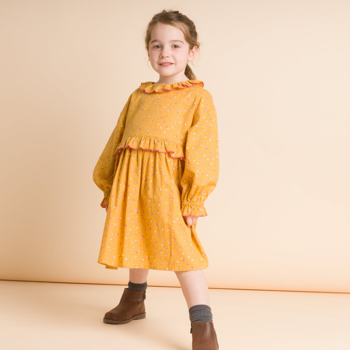 Girls' Ruffle Collar Long Sleeve Dress | Mustard and Pink - HoneyBug 