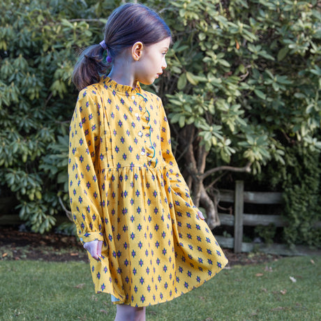 Girls' Long Sleeves Dress with Front Ruffle| Yellow and Pink - HoneyBug 