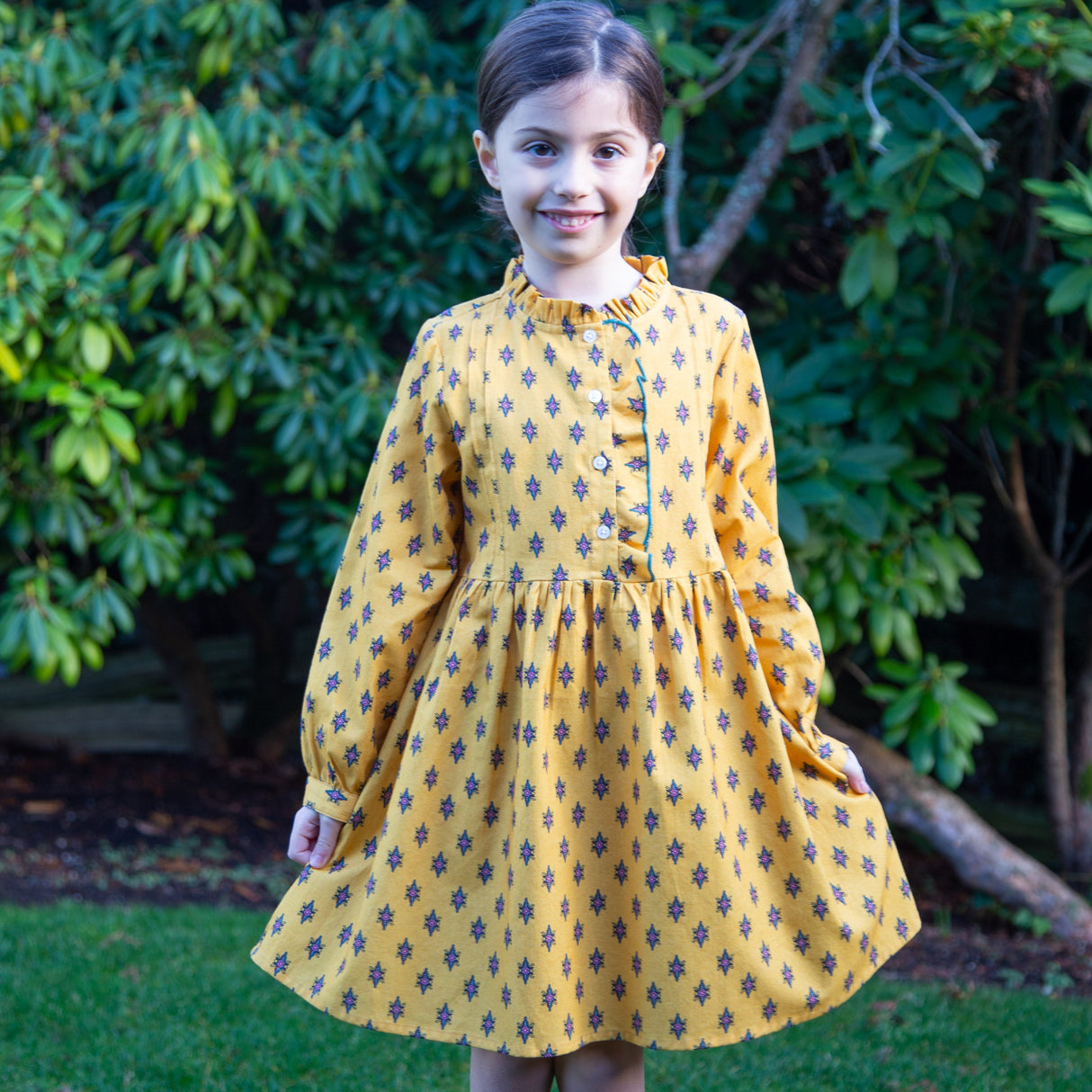 Girls' Long Sleeves Dress with Front Ruffle| Yellow and Pink - HoneyBug 