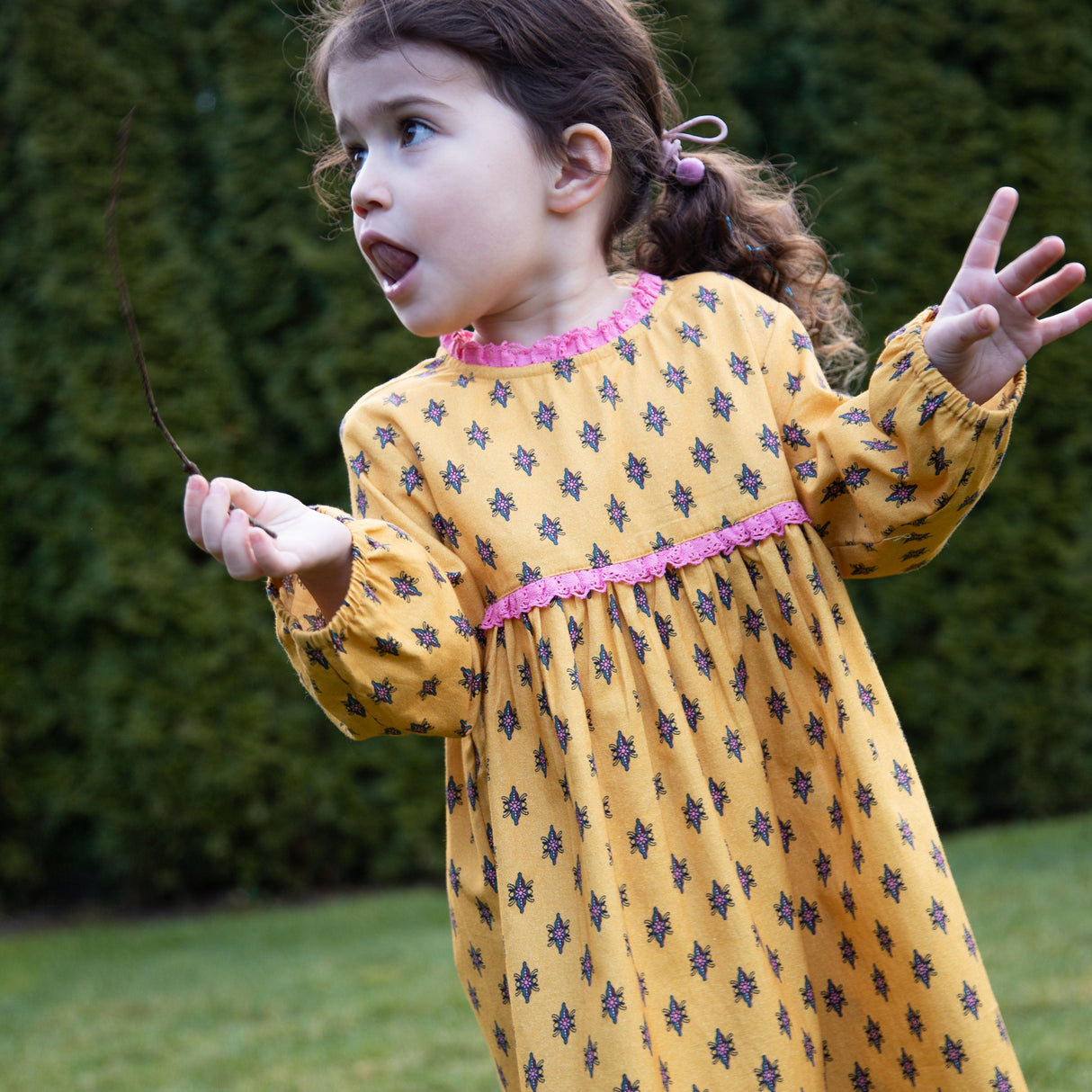 Toddler Long Sleeves Dress with Lace Trim | Yellow and Pink - HoneyBug 
