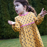 Toddler Long Sleeves Dress with Lace Trim | Yellow and Pink - HoneyBug 