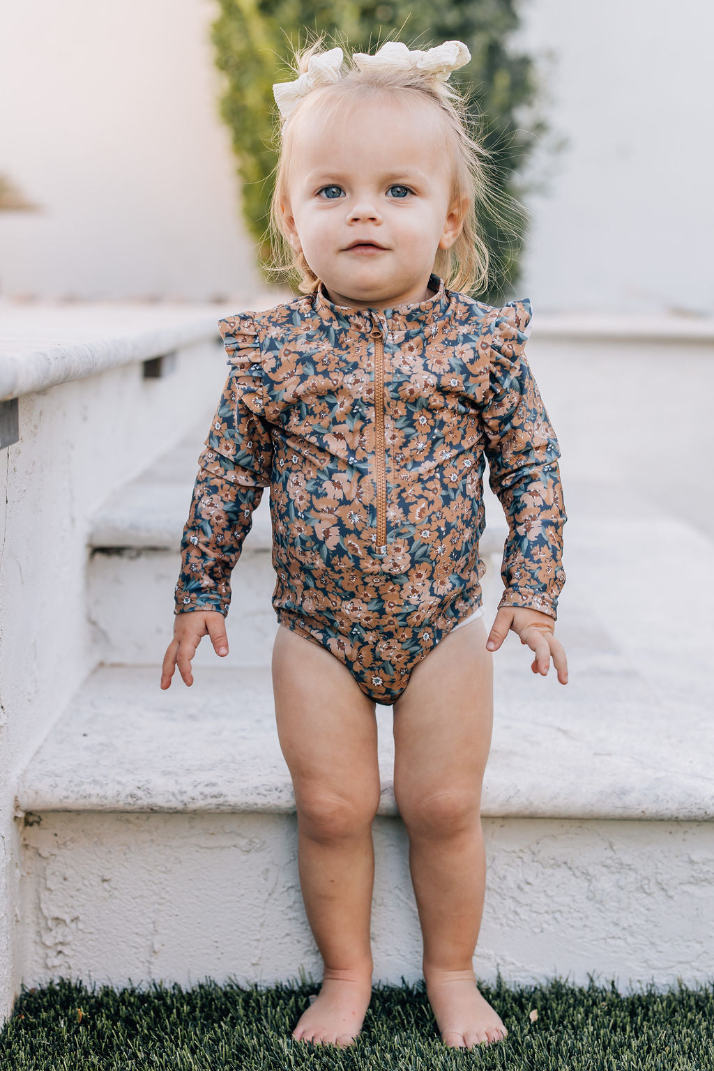 Venetian Floral Long Sleeve Ruffle Zipper One-Piece - HoneyBug 