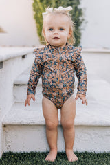 Venetian Floral Long Sleeve Ruffle Zipper One-Piece - HoneyBug 