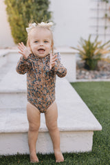 Venetian Floral Long Sleeve Ruffle Zipper One-Piece - HoneyBug 