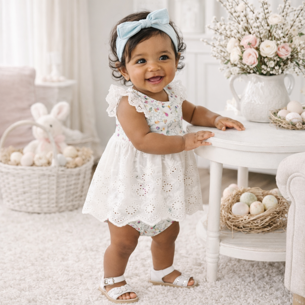 Bunny Garden Eyelet Skirted Bodysuit – Baby Girl One-Piece