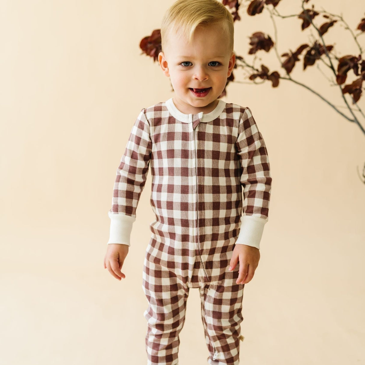 Organic 2-Way Zip Romper - Plum Gingham