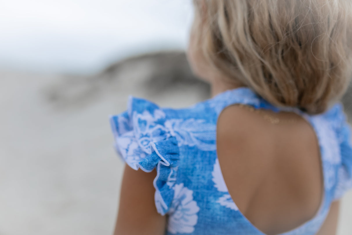 Grace Denim Floral Open Back One Piece Swimsuit - HoneyBug 