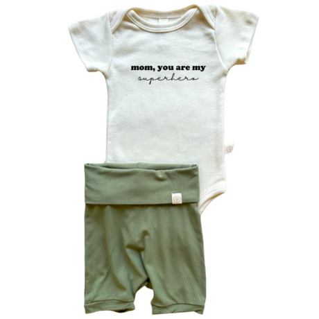 Mom Superhero | Bamboo Fold Over Shorties and Organic Cotton Bodysuit Set | Eucalyptus - HoneyBug 