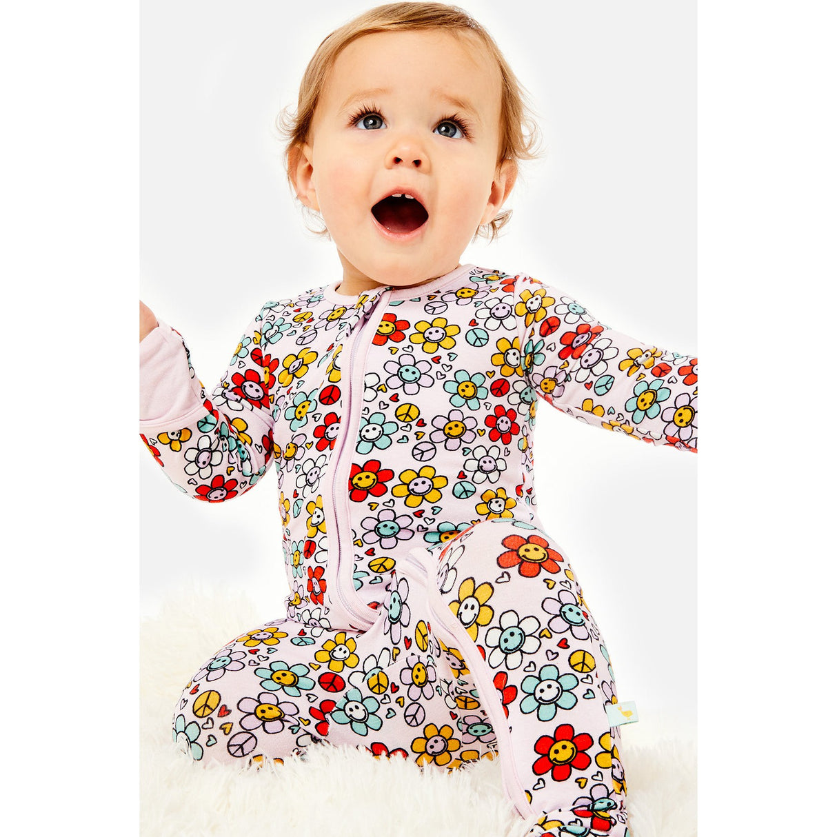 Soft & Stretchy Zipper Footie - Smiley Flowers