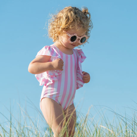 Pink Stripe Wide Frill Swimsuit - HoneyBug 