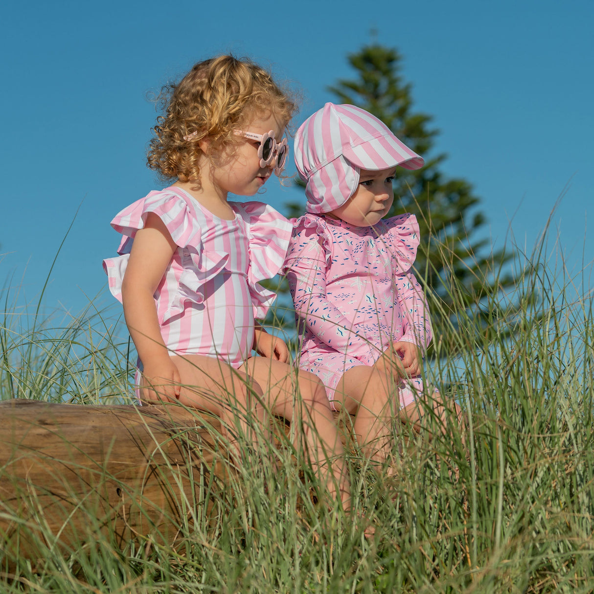 Pink Stripe Wide Frill Swimsuit - HoneyBug 