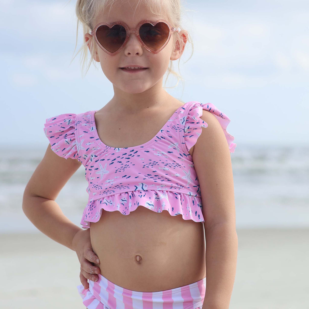 Pink Sea Frilled Crop Bikini - HoneyBug 