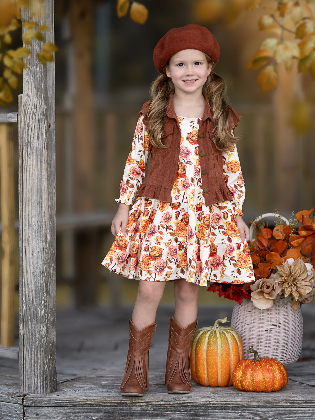 Autumn Floral Faux Suede Vest Dress Set