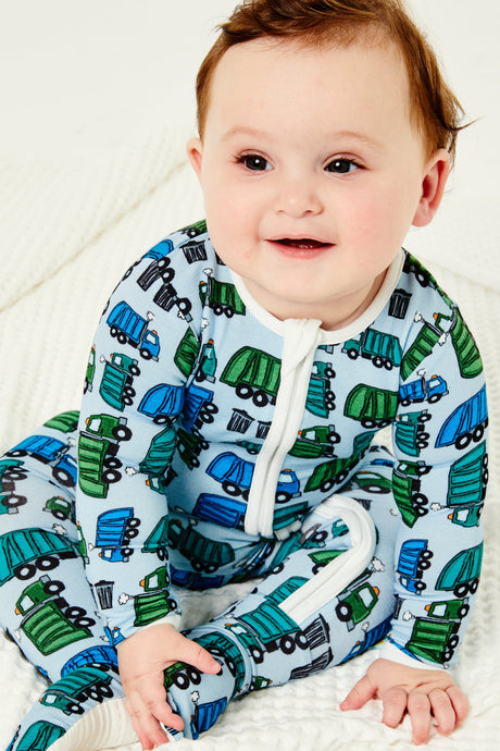 Soft & Stretchy Zipper Footie - Garbage Trucks - HoneyBug 