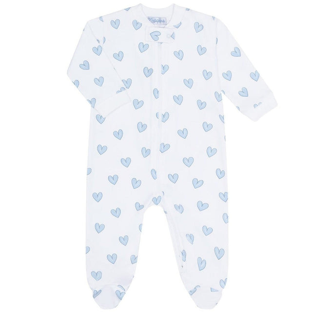 Blue Heart Print Zipper Footie - HoneyBug 