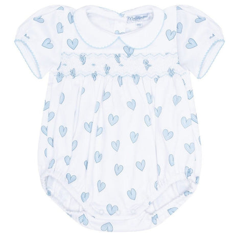 Blue Heart Print Smocked Bubble - HoneyBug 