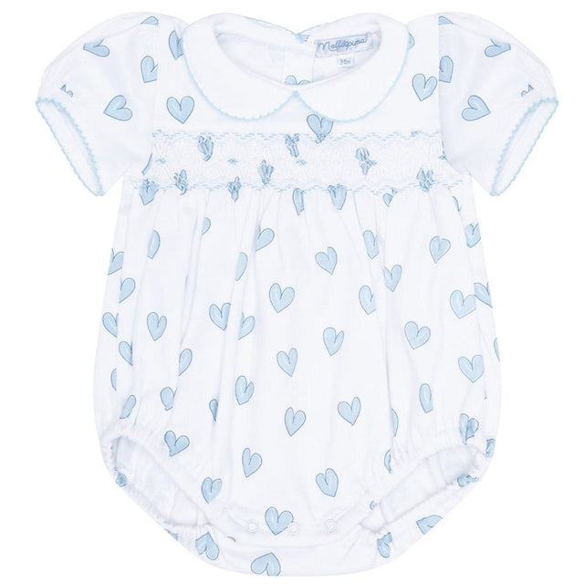 Blue Heart Print Smocked Bubble - HoneyBug 