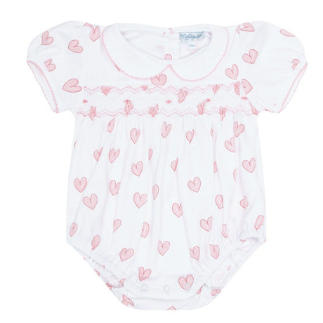 Pink Heart Print Smocked Bubble - HoneyBug 