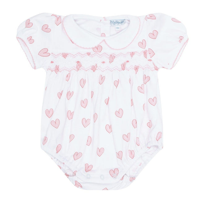 Pink Heart Print Smocked Bubble - HoneyBug 