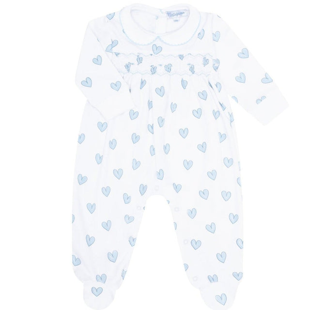 Blue Heart Print Smocked Footie - HoneyBug 