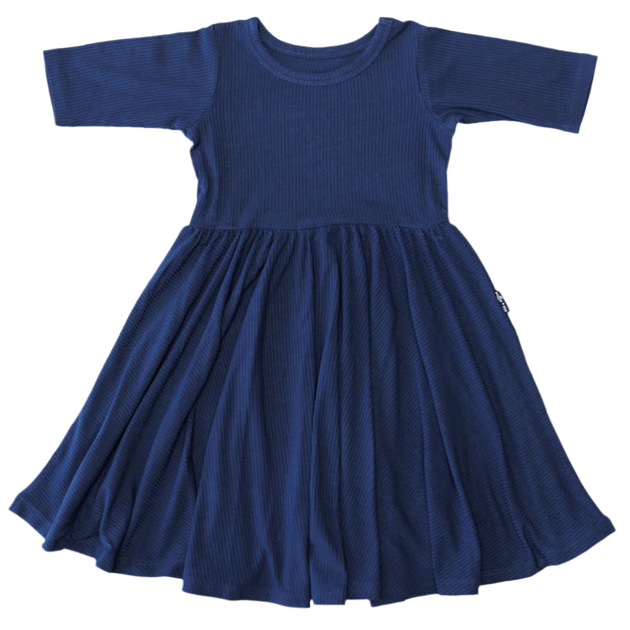 MID SLEEVE TWIRL DRESS- Navy Ribbed - HoneyBug 