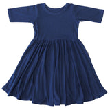 MID SLEEVE TWIRL DRESS- Navy Ribbed - HoneyBug 