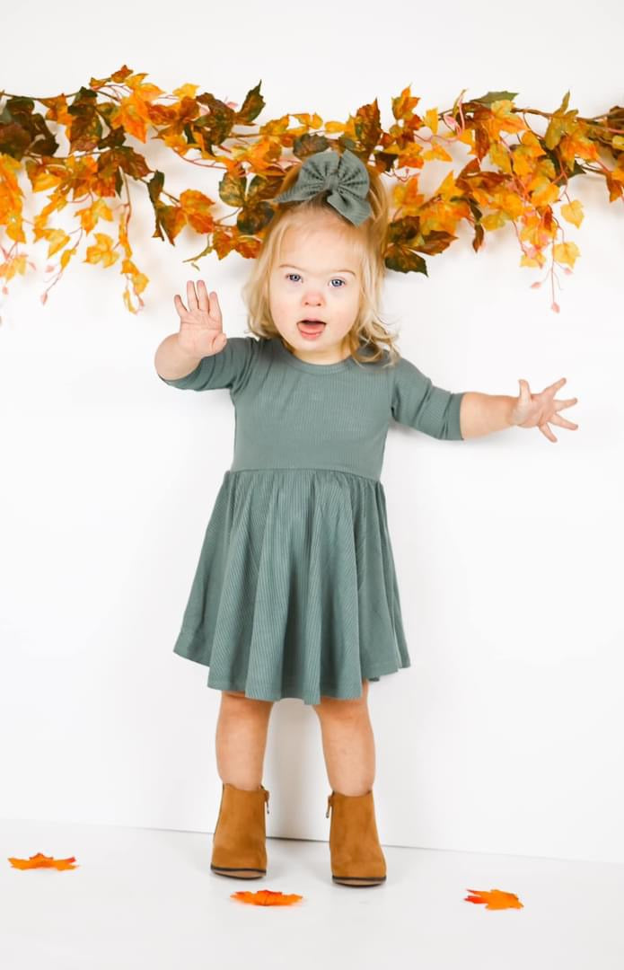 MID SLEEVE TWIRL DRESS- Slate Ribbed - HoneyBug 