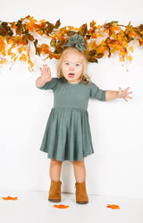 MID SLEEVE TWIRL DRESS- Slate Ribbed - HoneyBug 