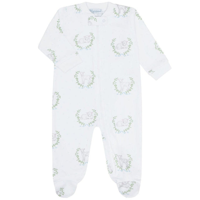 Blue Lamb Print Zipper Footie - HoneyBug 