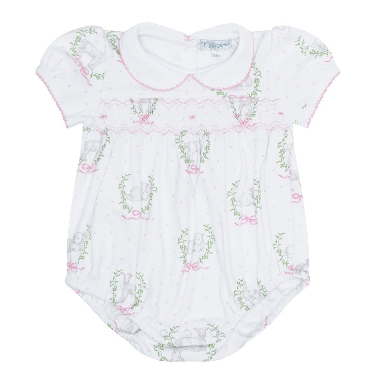 Pink Lamb Print Smocked Bubble - HoneyBug 