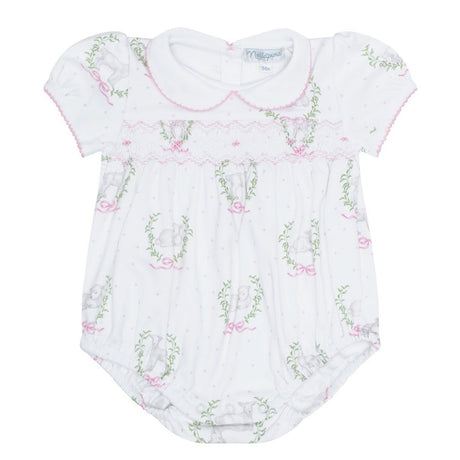 Pink Lamb Print Smocked Bubble - HoneyBug 