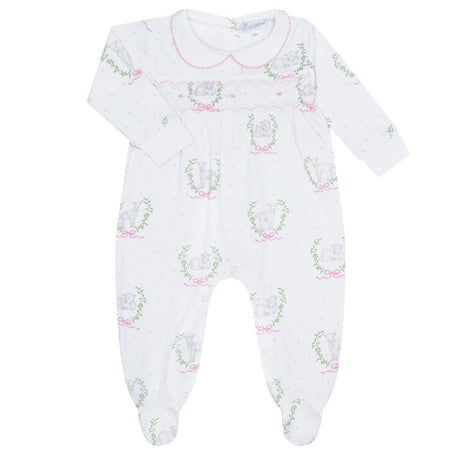 Pink Lamb Print Smocked Footie - HoneyBug 