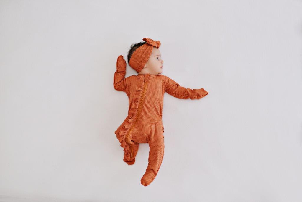 Ruffle 2 Way Zip Romper - Ribbed Rust