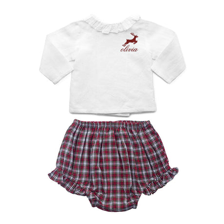 Gift Set Double Button Frill Blouse and Tartan Frill  Bloomer Holiday Set with Monogram - HoneyBug 