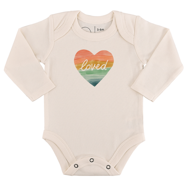 long sleeve graphic bodysuit | loved rainbow heart - HoneyBug 