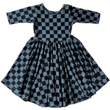 MID SLEEVE TWIRL DRESS- Grey Check