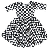 MID SLEEVE TWIRL DRESS- B+W Check