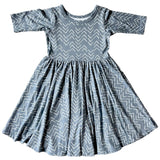 MID SLEEVE TWIRL DRESS- Blue Mud Cloth