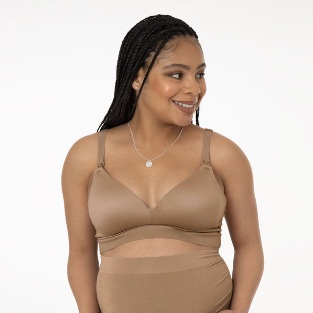 Minimalist Hands-Free Pumping & Nursing Plunge Bra | Latte - HoneyBug 