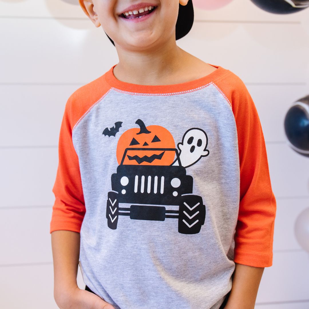 Pumpkin Monster Truck Halloween 3/4 Shirt - Heather/Orange