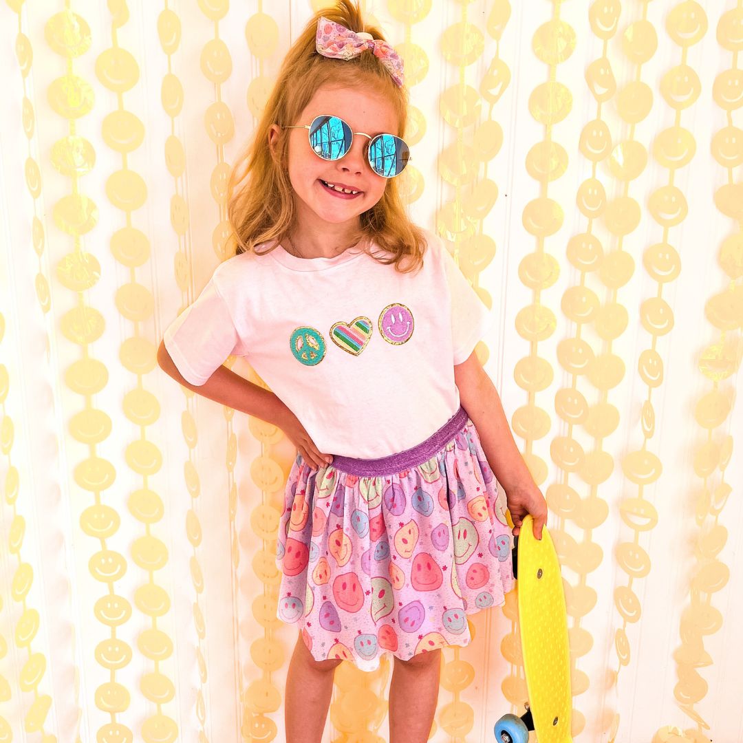 Peace, Love, Smile Patch Short Sleeve T-Shirt - Ballet - HoneyBug 