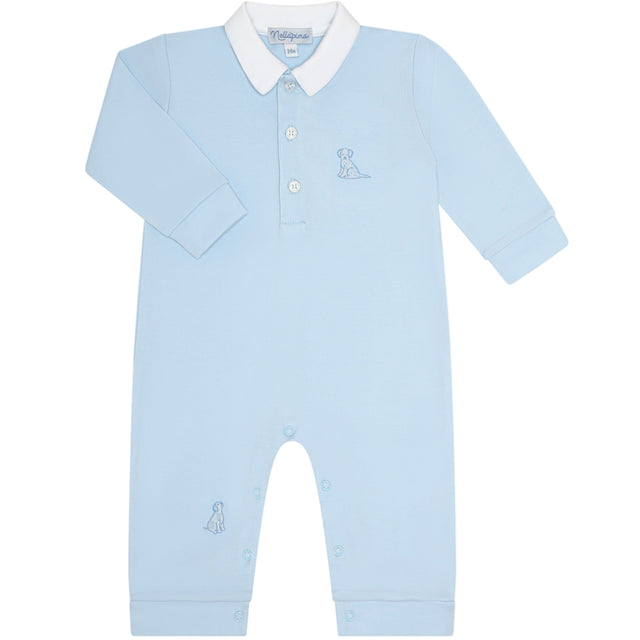 Blue Puppy Love Embroidery Romper LS - HoneyBug 