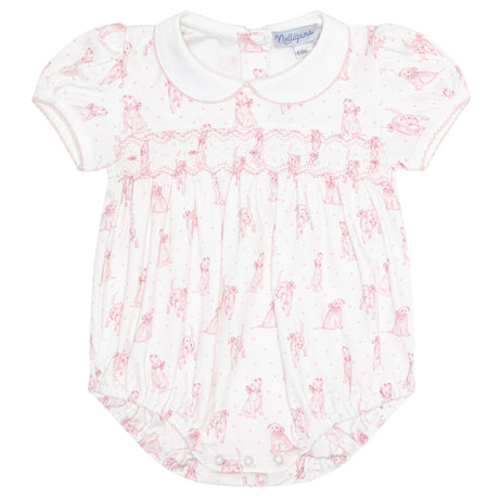 Pink Puppy Love Print Smocked Bubble - HoneyBug 