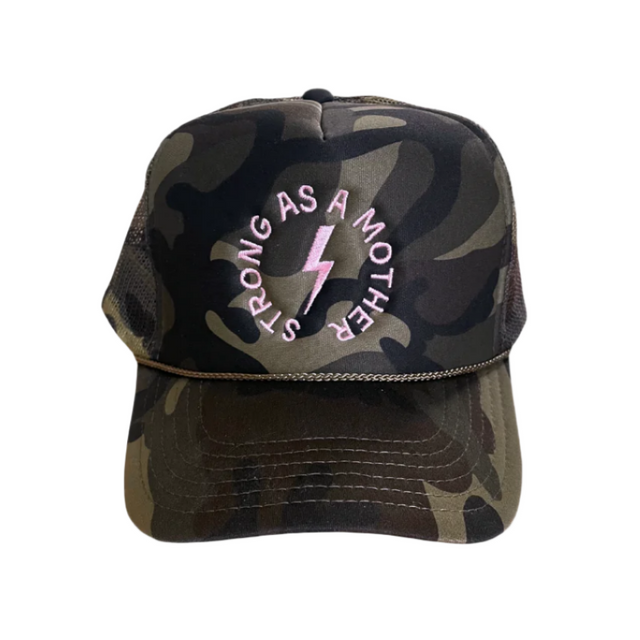Strong as a mother™ Embroidered Trucker Hat - Camo + Baby Pink - HoneyBug 
