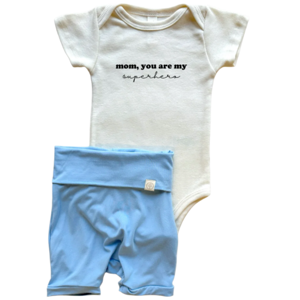 Mom Superhero | Bamboo Fold Over Shorties and Organic Cotton Bodysuit Set | Ocean - HoneyBug 