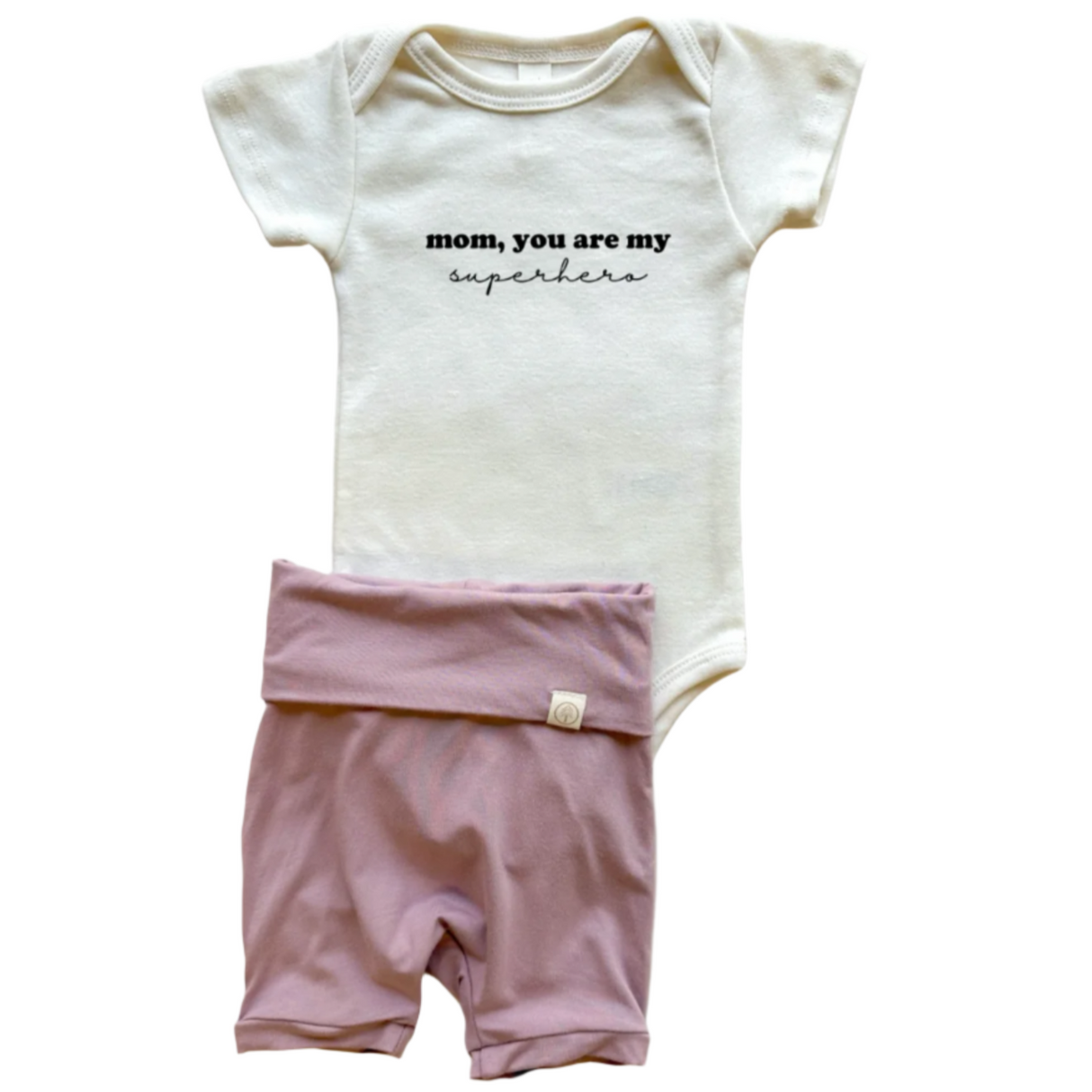 Mom Superhero | Bamboo Fold Over Shorties and Organic Cotton Bodysuit Set | Periwinkle - HoneyBug 