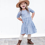 MID SLEEVE TWIRL DRESS- Blue Mud Cloth