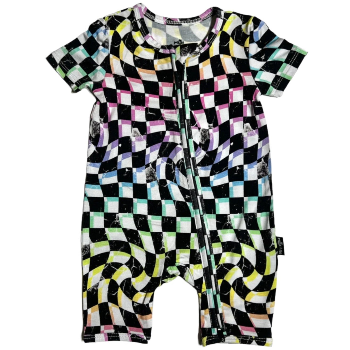 SHORTIE ZIP ROMPER - Neon Dizzy Check