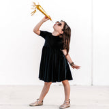 VELVET MID SLEEVE TWIRL- Onyx Stretch Velvet Twirl Dress - HoneyBug 